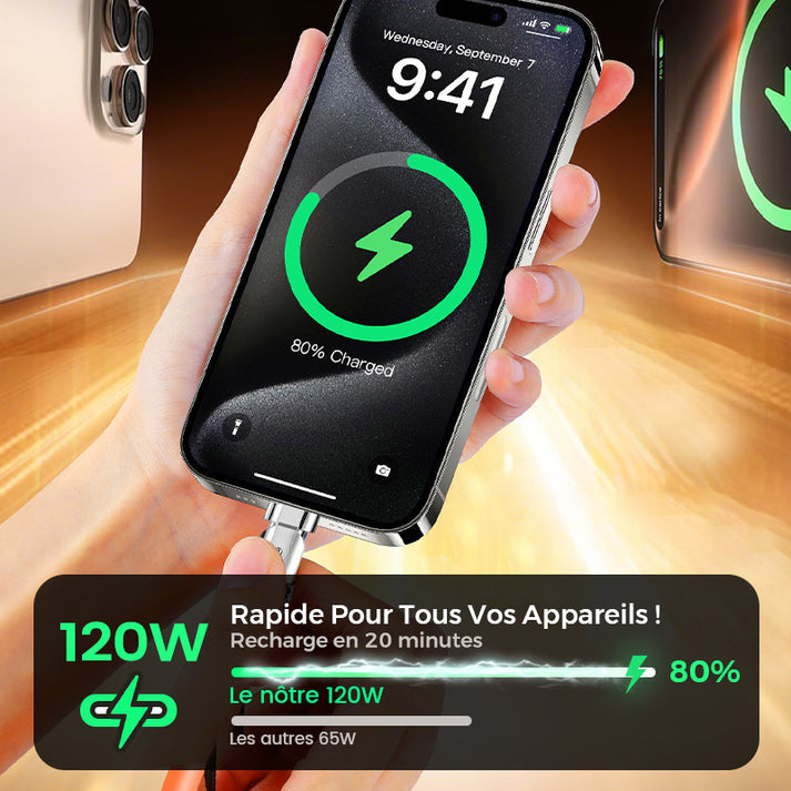 🔥Câble de Charge Rapide 3-en-1 180° Rotatif 120W🔥 (Câble de chargement rotatif)