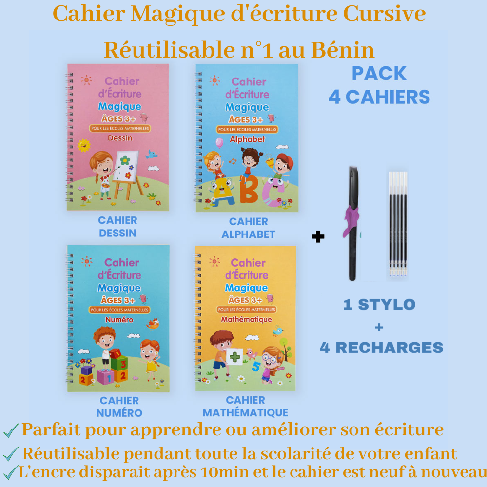 Cahier d'apprentissage d'écriture Cursive réutilisable - CAALY  BOOK  |  AIDEZ VOS ENFANTS A AMELIORER LEURS  ECRITURES EN 14 JOURS