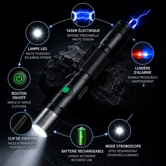 Lampe Tactique Multifonction : Éclairage Longue Portée + Taser électrique + Alarme Urgence