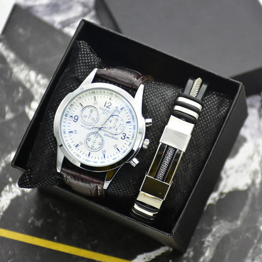 Ensemble Montre en Cuir NON CHRONO -Bracelet Classique pour Homme