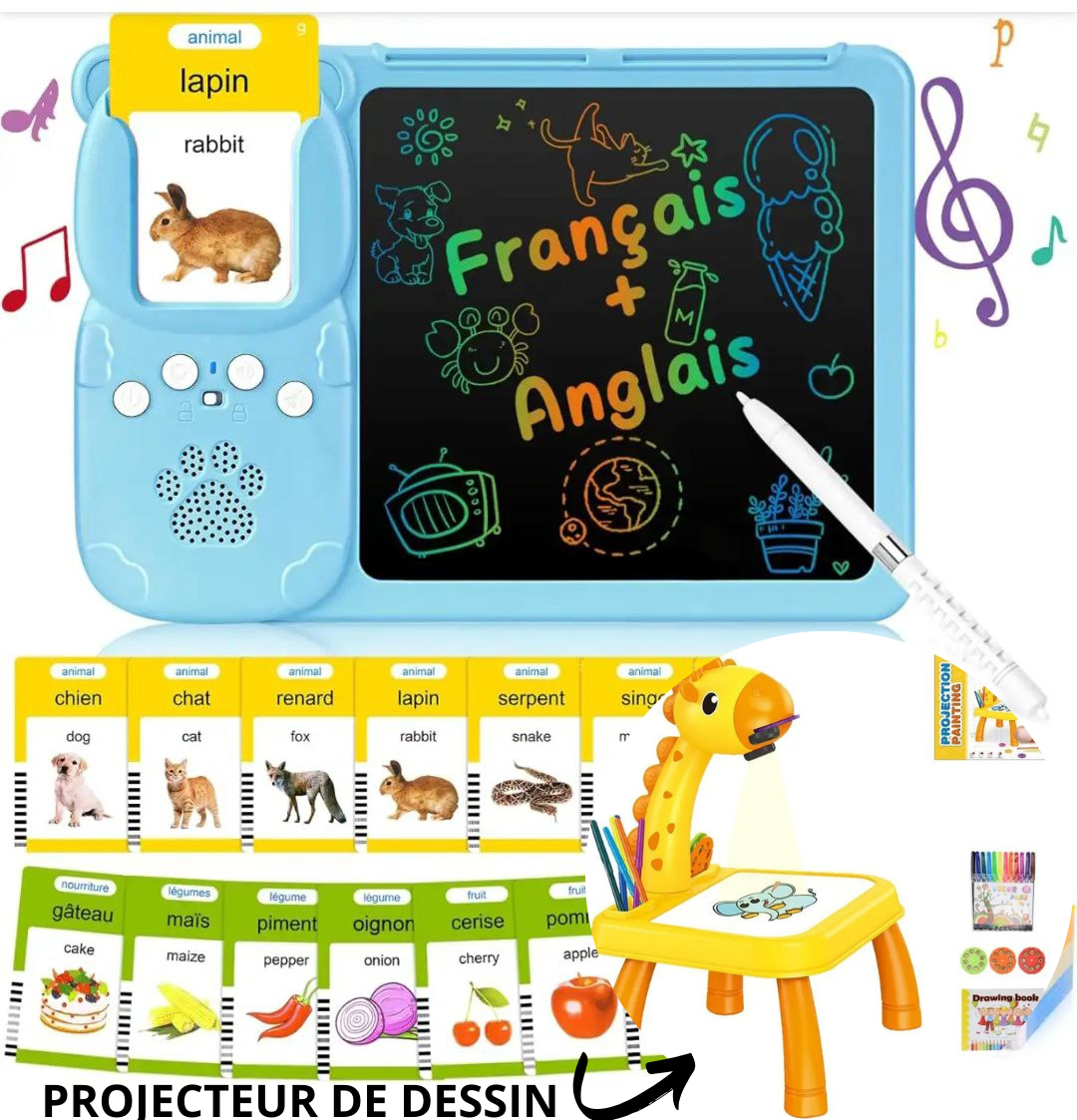 ⭐ Pack Petit Génie – Édition Créative ( Cartes Parlantes  avec Tablette à Dessin Interactive + Projecteur de dessin )