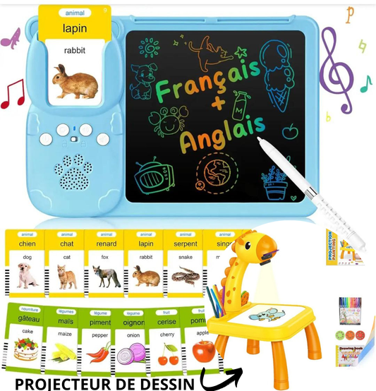 ⭐ Pack Petit Génie – Édition Créative ( Cartes Parlantes  avec Tablette à Dessin Interactive + Projecteur de dessin )