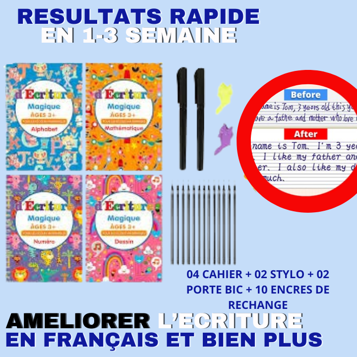 Cahier d'apprentissage réutilisable FORMAT A4 - CAALY  BOOK  |  AIDEZ VOS ENFANTS A AMELIORER LEURS  ECRITURES EN 14 JOURS ( 4 cahier d'écriture+ 10 encre )