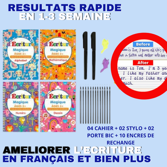 Cahier d'apprentissage réutilisable FORMAT A4 - CAALY  BOOK  |  AIDEZ VOS ENFANTS A AMELIORER LEURS  ECRITURES EN 14 JOURS ( 4 cahier d'écriture+ 10 encre )