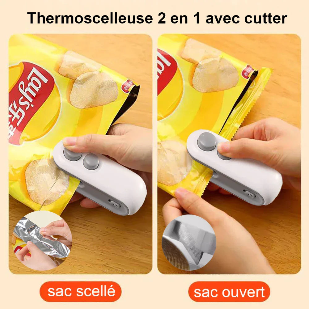 Mini-scelleuse de sacs et Ouvre sacs– Rapide, rechargeable et pratique 2 en 1