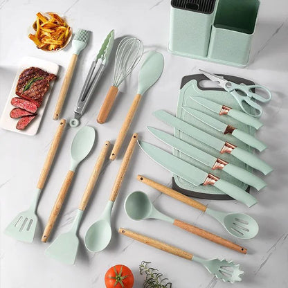 Ensemble 19 Pièces de Couteaux et Cuillères à Soupe Antiadhésifs en Silicone