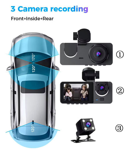 CAMÉRA EMBARQUÉE RECHARGEABLE TRIPLE CANAL (AVANT, INTERIREUR, ARRIERE )