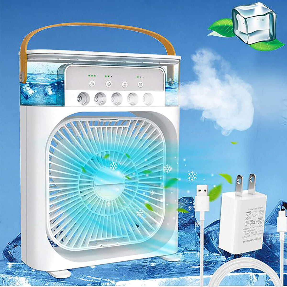 🔥 Mini ventilateur et humidificateur d'air portable 5 EN 1  LED LUMINEUX (27cm x 10cm x 21cm)