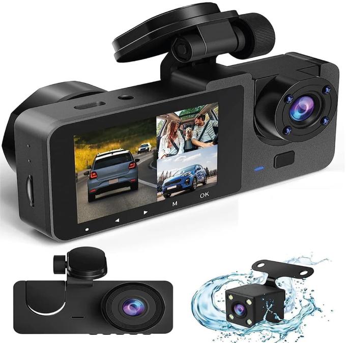 CAMÉRA EMBARQUÉE RECHARGEABLE TRIPLE CANAL (AVANT, INTERIREUR, ARRIERE )